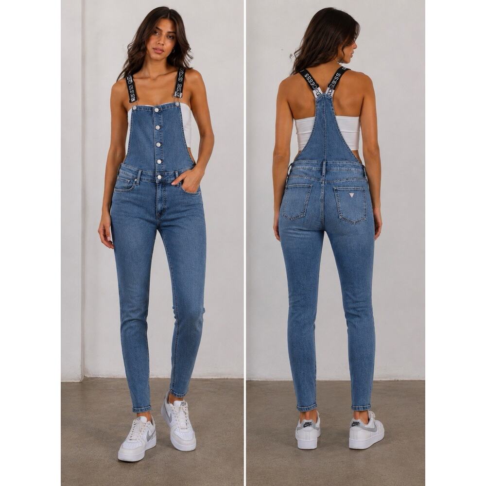 Guess Magda Skinny Stretch Blue Denim Overalls Elastic Logo Suspenders Women M